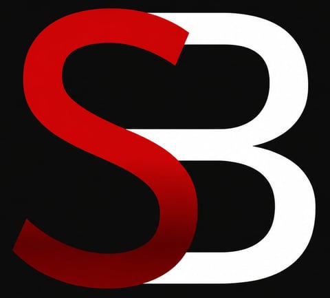 Red and white stylized letter S logo on black background