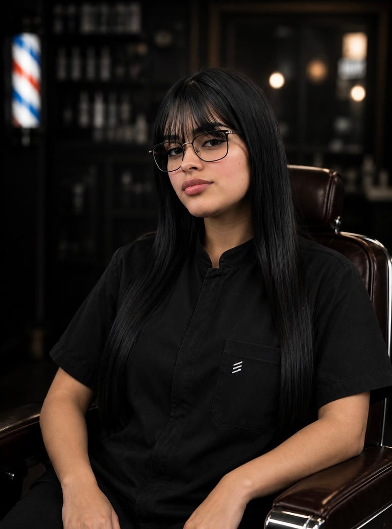 Woman with long black hair and glasses sitting in a barber chair, wearing a black shirt in a salon setting