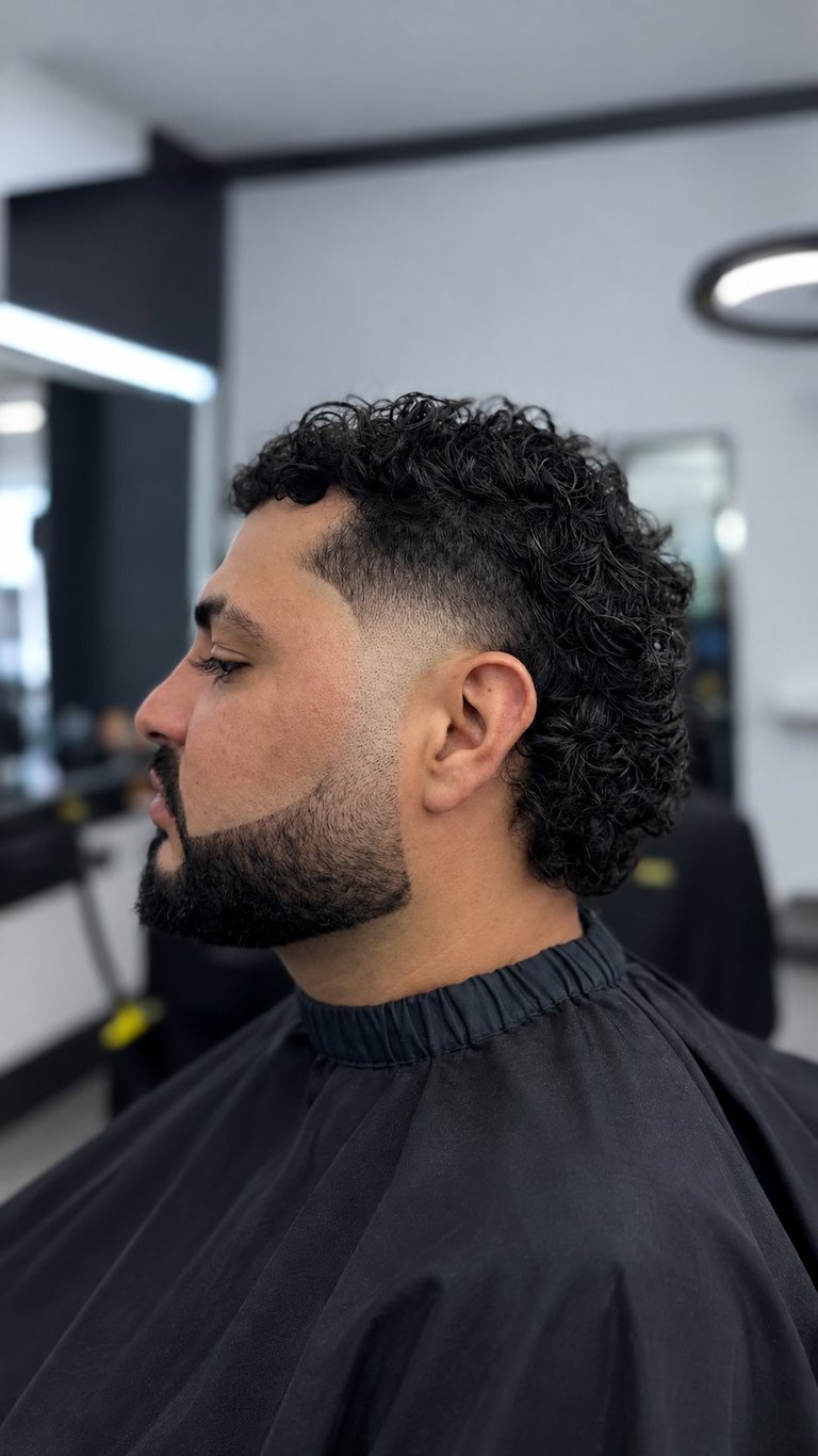 Man with black curly hair and beard in barbershop, side profile view wearing cape