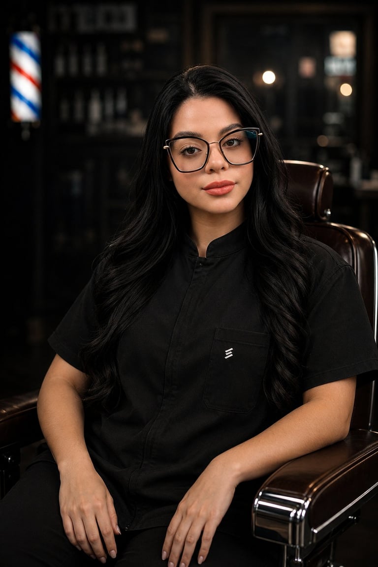 Woman with long black hair and glasses sitting in a leather chair in front of a blurred city nighttime background